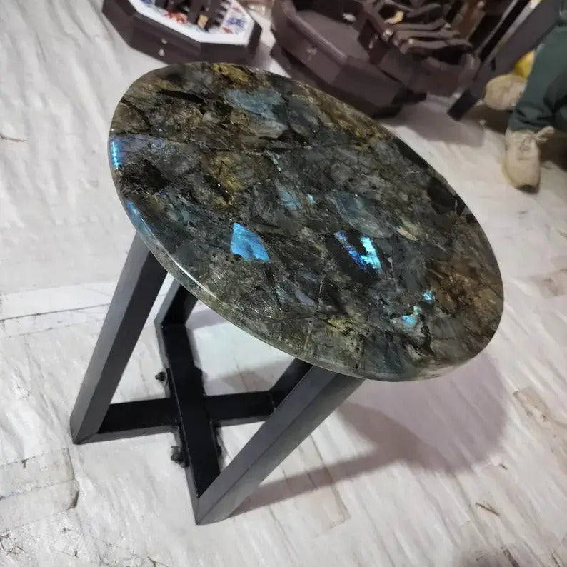 Handcrafted Round Labradorite Stone Accent Table with Modern Metal Base