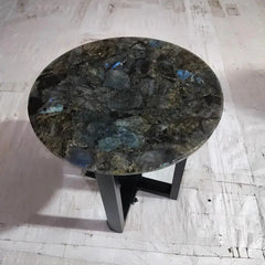 Handcrafted Round Labradorite Stone Accent Table with Modern Metal Base