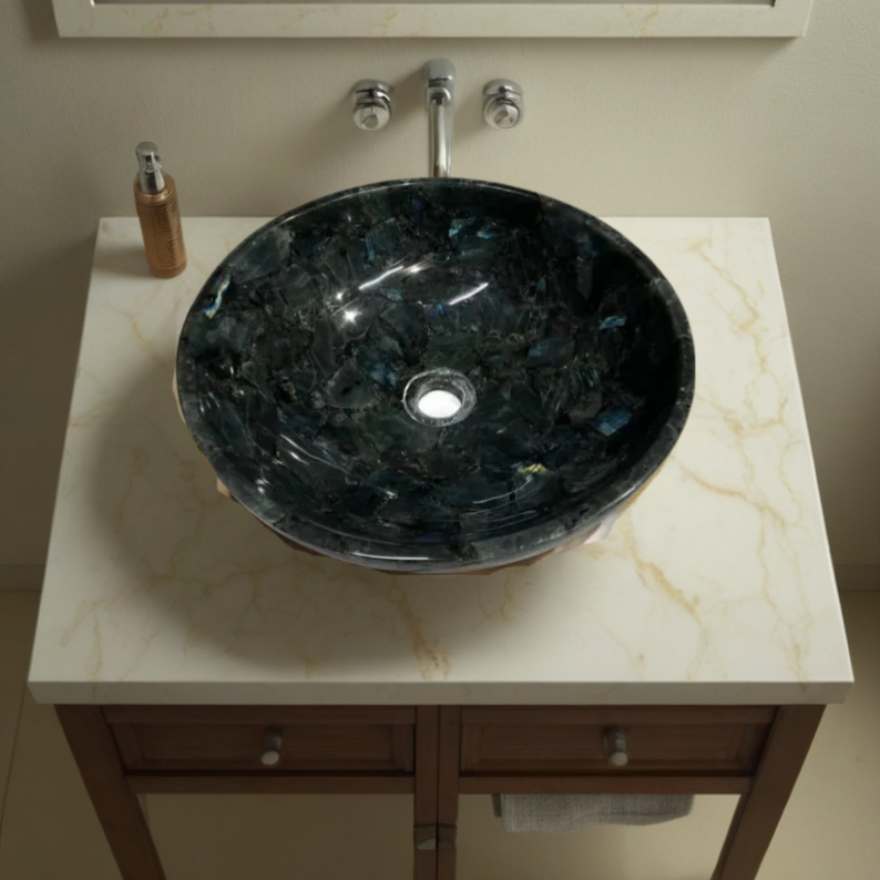 Elegant Labradorite Stone Vessel Sink with Sleek Faucet on a Marble-Topped Wooden Vanity