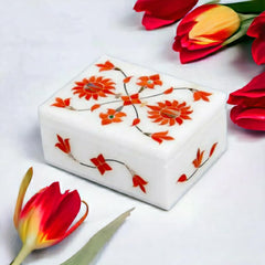 Rectangular Marble Box with Intricate Orange Floral Inlay Design, Perfect Decorative Keepsake