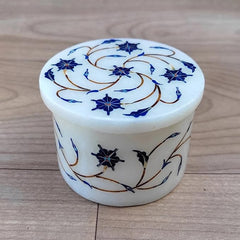 Handcrafted Marble Box with Blue Floral Inlay and Gold Details, Elegant Keepsake