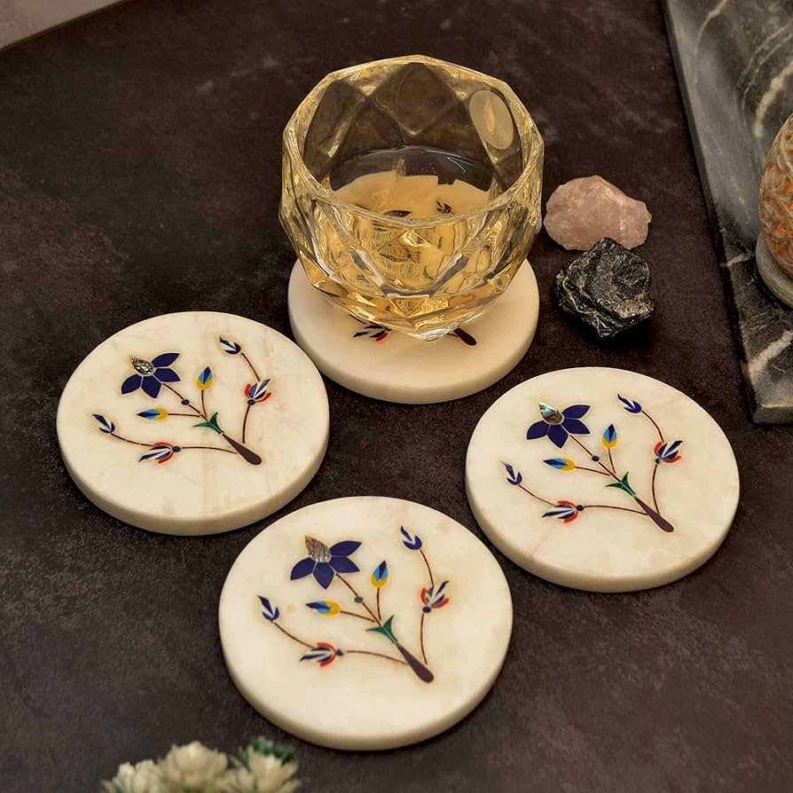 Timeless Charm Handcrafted Marble Coasters with Delicate Floral Inlays