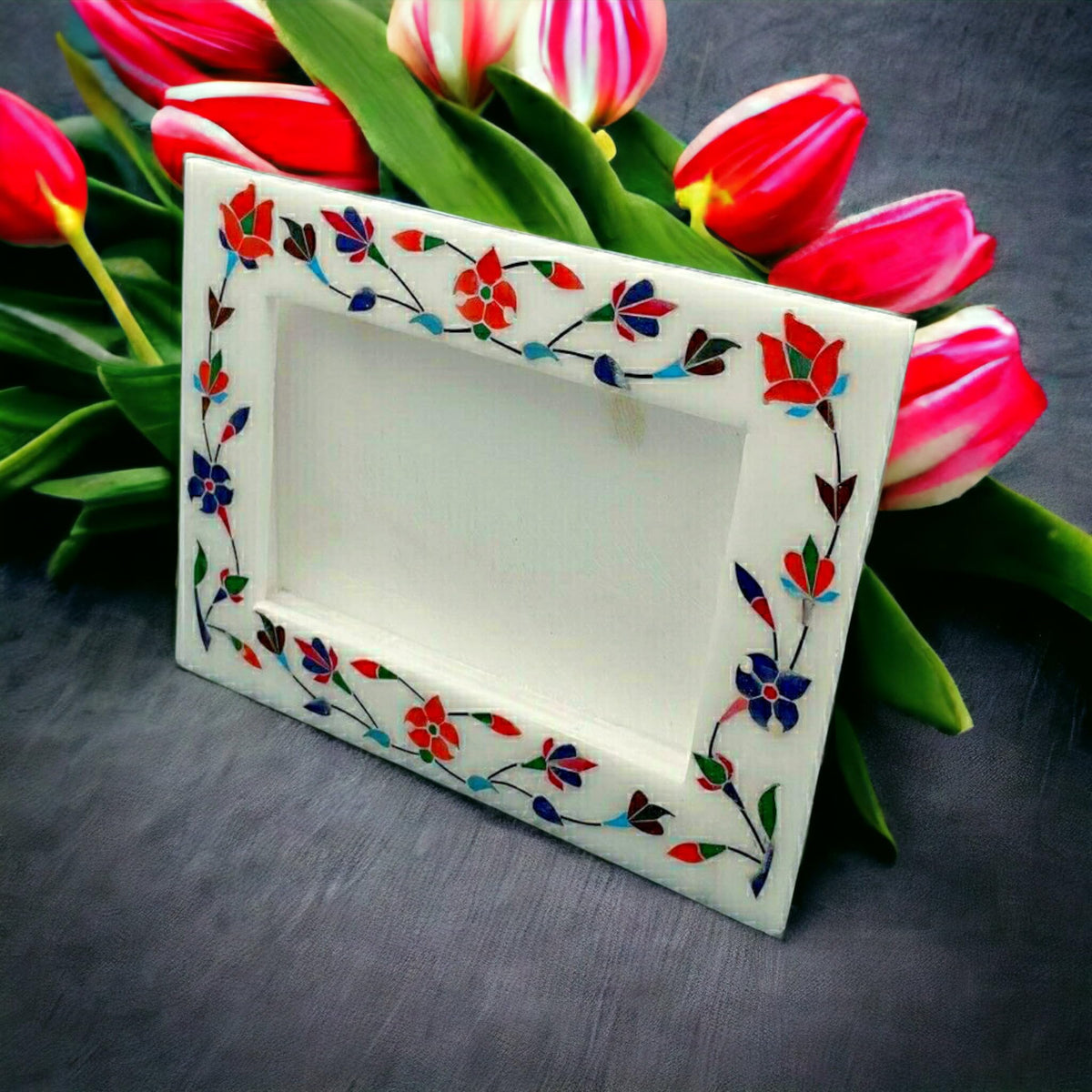 Hand-Inlaid Gemstone Floral Marble Picture Frame From Unique Home Decor Gift