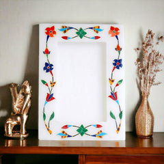 Handcrafted White Marble Frame with Gemstone Floral Mosaic