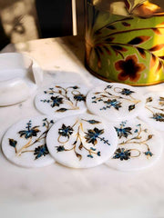 Sunlit Serenity Exquisite Marble Coasters with Delicate Botanical Inlays, Artisan Craftsmanship