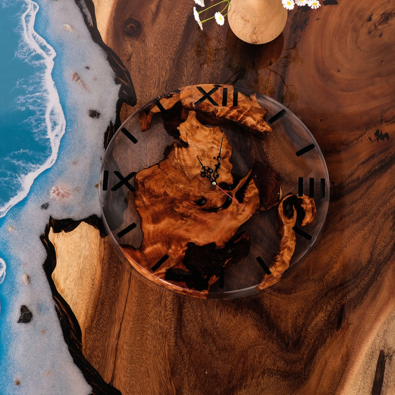 Handcrafted Epoxy Resin Wall Clock with Live Edge Cunninghamia Wood  Modern Rustic Decor