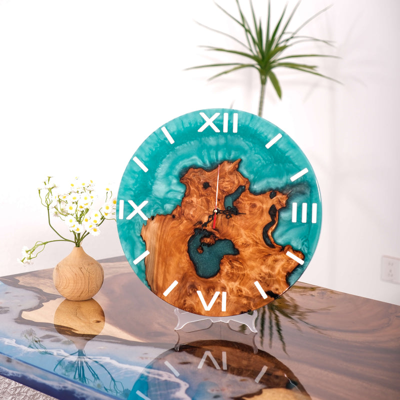 Handcrafted Turquoise Epoxy Resin Wall Clock  Live Edge Cunninghamia Wood & Modern Roman Design