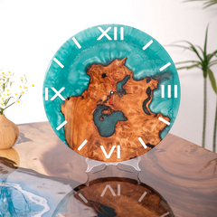 Handcrafted Turquoise Epoxy Resin Wall Clock  Live Edge Cunninghamia Wood & Modern Roman Design