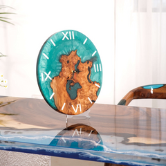 Handcrafted Turquoise Epoxy Resin Wall Clock  Live Edge Cunninghamia Wood & Modern Roman Design