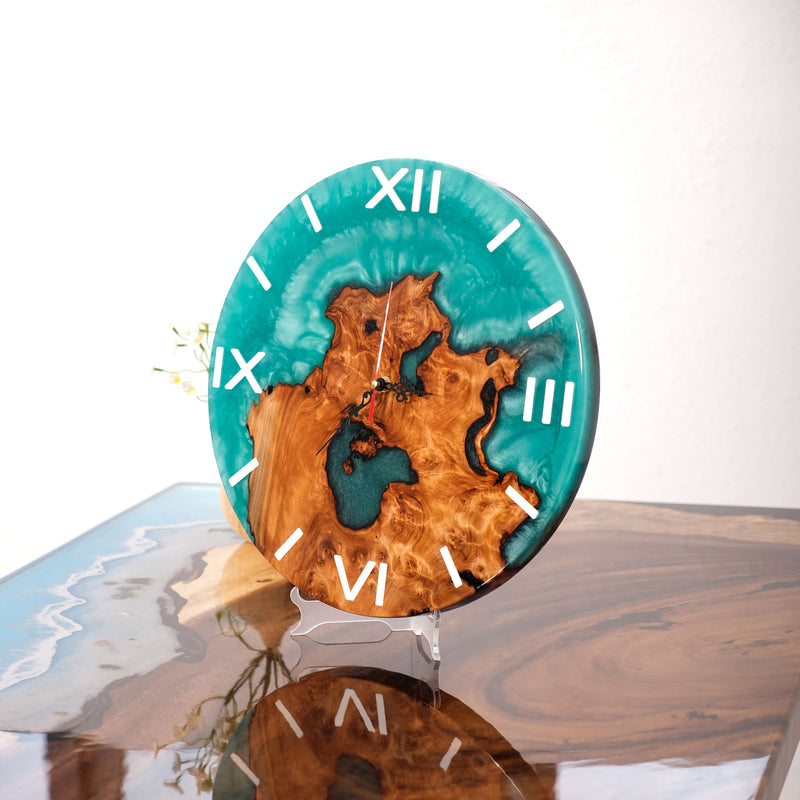 Handcrafted Turquoise Epoxy Resin Wall Clock  Live Edge Cunninghamia Wood & Modern Roman Design
