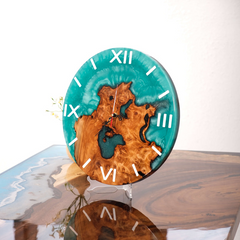 Handcrafted Turquoise Epoxy Resin Wall Clock  Live Edge Cunninghamia Wood & Modern Roman Design