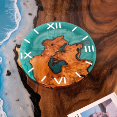 Handcrafted Turquoise Epoxy Resin Wall Clock  Live Edge Cunninghamia Wood & Modern Roman Design