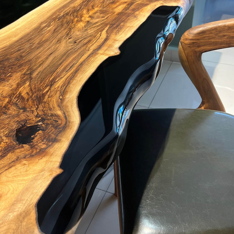 Custom Black Epoxy River Dining Table  Live Edge Walnut Modern Luxury Piece