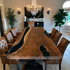 Elegant Black Epoxy River Dining Table Live Edge Walnut Luxury Conference or Dining Centerpiece