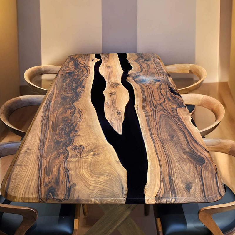 Artisan Black Epoxy River Table  Live Edge Walnut with Flowing Natural Grain