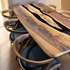 Artisan Black Epoxy River Table  Live Edge Walnut with Flowing Natural Grain