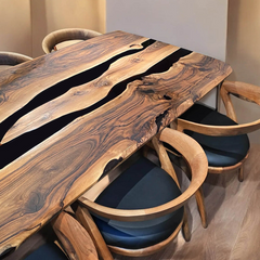 Artisan Black Epoxy River Table  Live Edge Walnut with Flowing Natural Grain