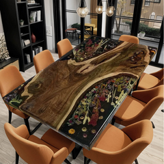 Custom Black Walnut Epoxy Resin Floral Dining Table  Nature-Inspired Luxury with Botanical Elegance