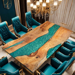 Table de rivière en résine époxy faite à la main avec un motif de vague turquoise, parfaite pour les maisons modernes