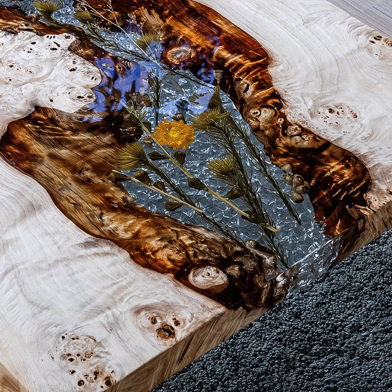 Luxury Custom Poplar Burl & Epoxy Resin Dining Table – Floral Inlay Design