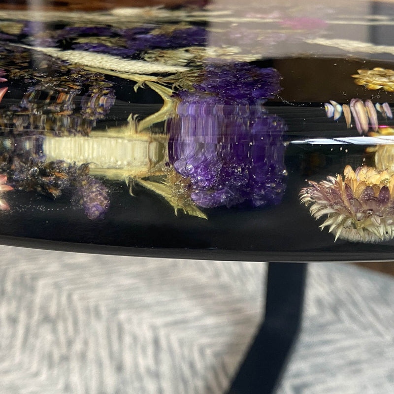 Round Live Edge Walnut & Epoxy Resin Dining Table with Botanical Inlay Handcrafted Statement Piece