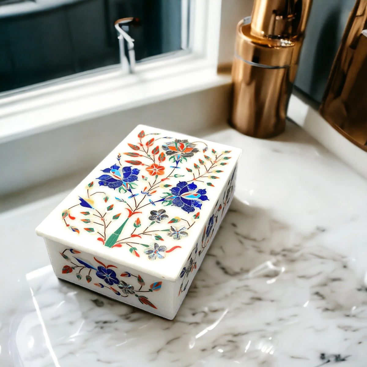 Handcrafted White Marble Jewelry Box with Vibrant Gemstone Inlay