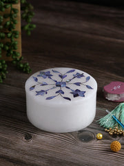 Round White Marble Trinket Box with Delicate Blue Floral Inlay art