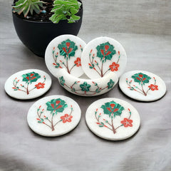 Verdant Touch Artfully Crafted Marble Coasters with Vibrant Floral and Leaf Inlays, Set of Six