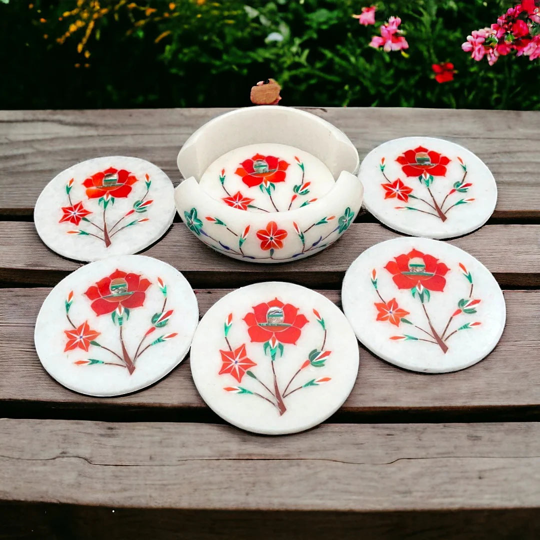 Blooming Elegance Exquisite Handcrafted Marble Coasters Set, Adorned with Lush Red Floral Inlays