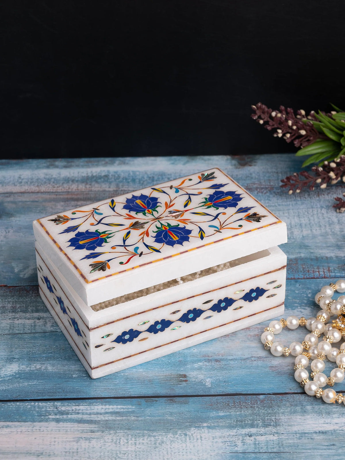 Handcrafted White Marble Jewelry Box with Intricate Floral Gemstone Inlay