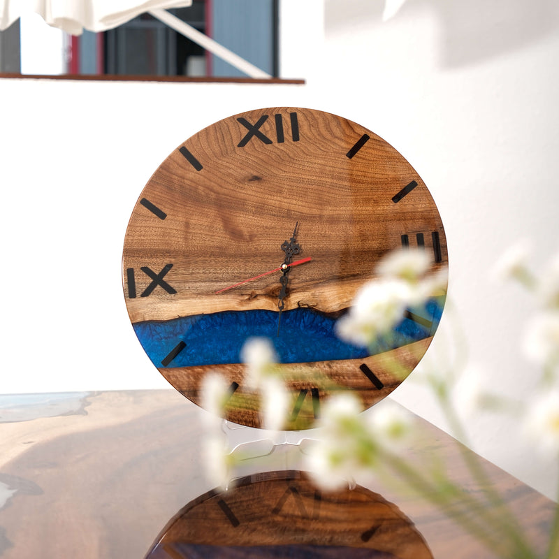 Handcrafted Walnut Wood Wall Clock with Deep Blue Epoxy River and Roman Numerals