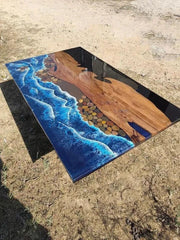 Coastal Wave Epoxy Table with Natural Wood and Riverstone Details