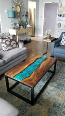 Handmade Epoxy Resin River Table with Turquoise Wave Design, Perfect for Modern Homes