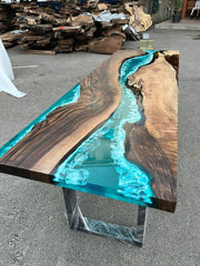 Azure River Epoxy Table with Live Edge Wood and Metal Base