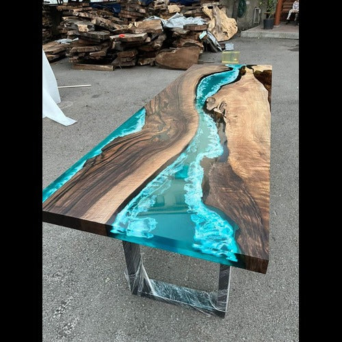 Azure River Epoxy Table with Live Edge Wood and Metal Base