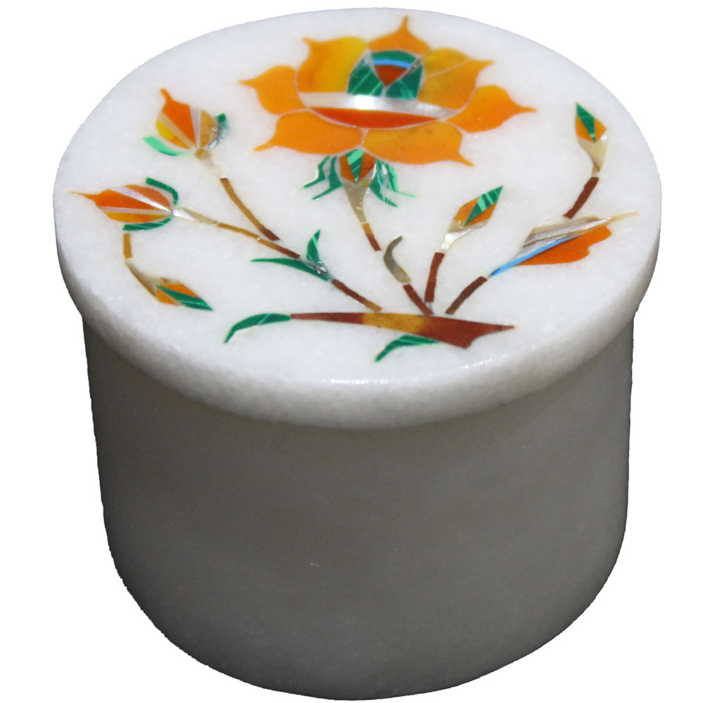 Handmade White Marble Ring Box Inlaid Carnelian Gemstone