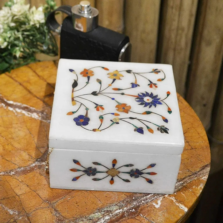 Elegant White Marble Jewelry Box with Vibrant Floral Inlay and Artistic Detailing