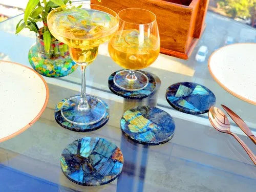 Captivating Labradorite Stone Coaster Set with Iridescent Blue and Green Hues for Luxurious Tabletop Décor