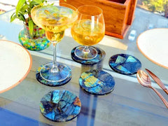 Captivating Labradorite Stone Coaster Set with Iridescent Blue and Green Hues for Luxurious Tabletop Décor