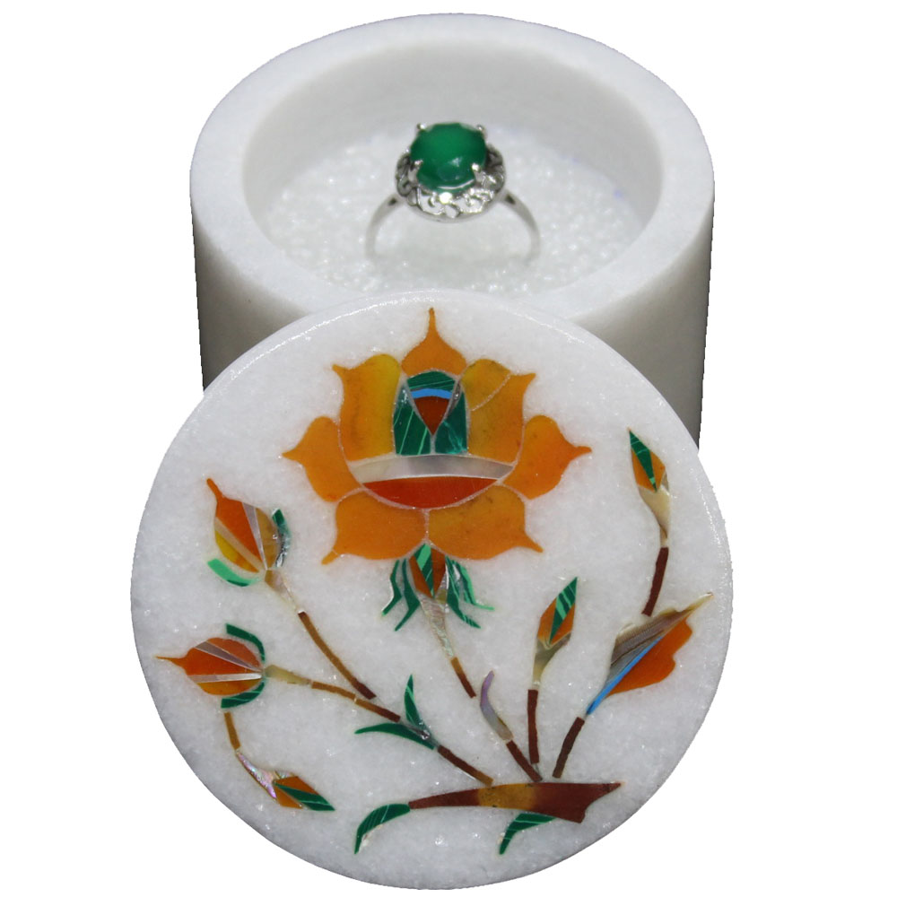 Handmade White Marble Ring Box Inlaid Carnelian Gemstone