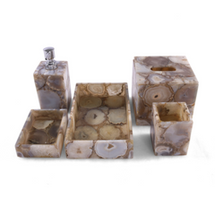 Elegant Agate Bathroom Accessory Set with Soap Dispenser, Tissue Box, Tray, and Holders