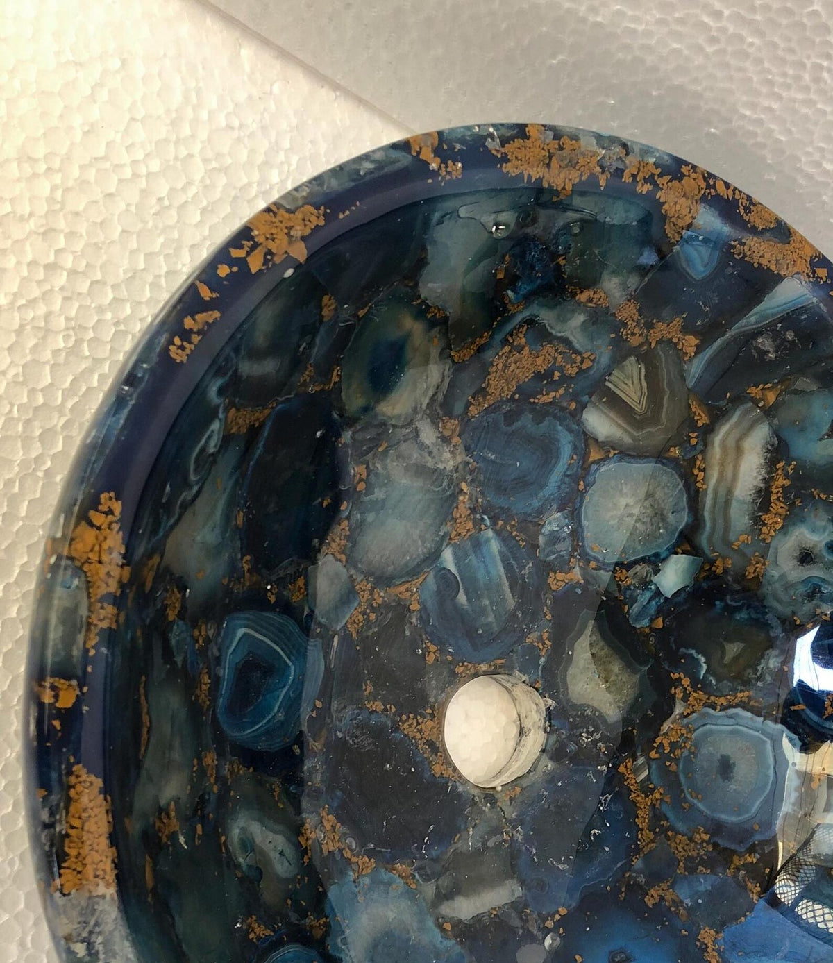 Luxury Blue Agate Resin Wash Basin with Gold Accents