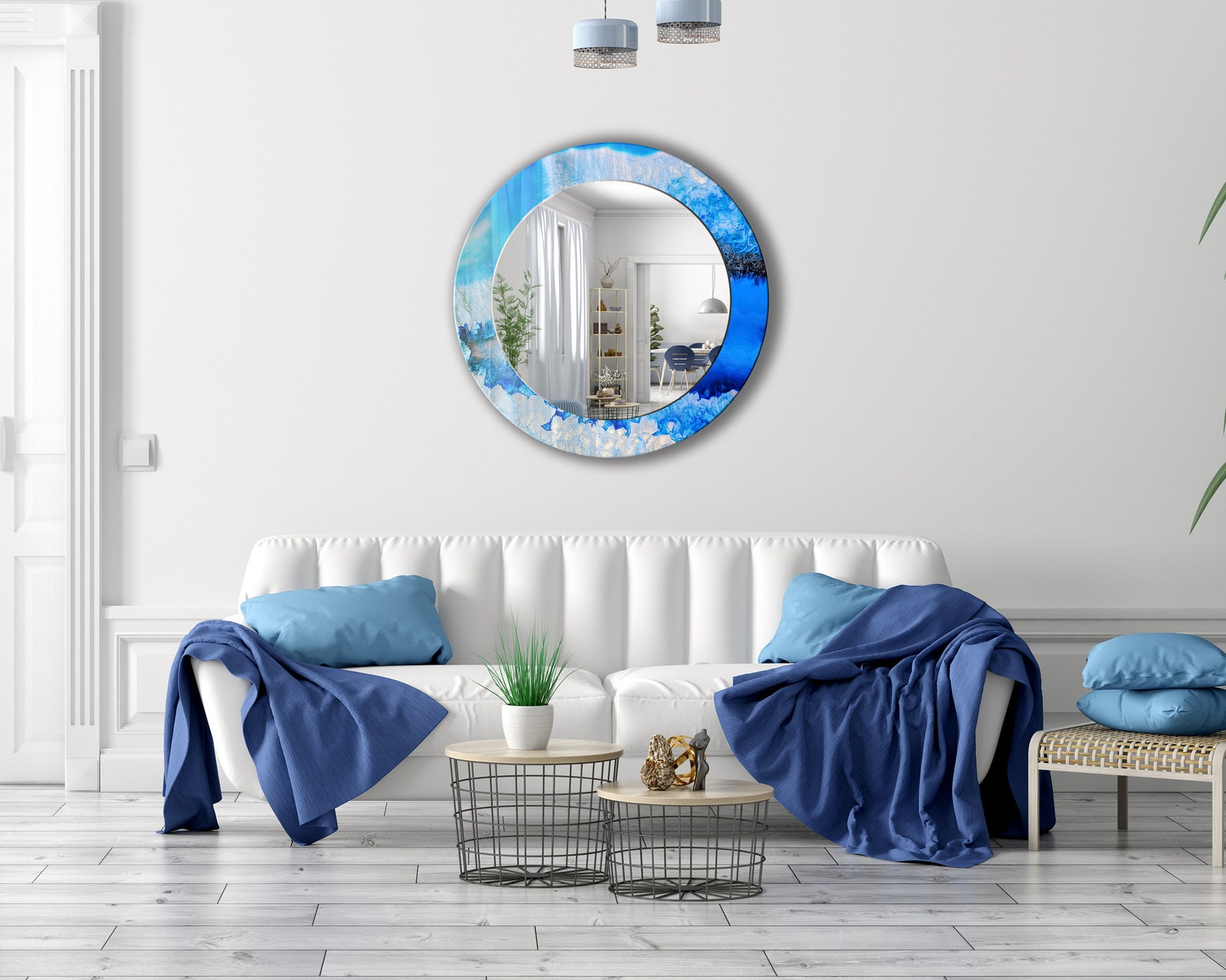 Stunning Blue Agate-Inspired Round Mirror with Tempered Glass Frame