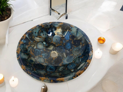 Natural round Blue Agate Mosaic Sink with Gold Details For bathroom Furniture