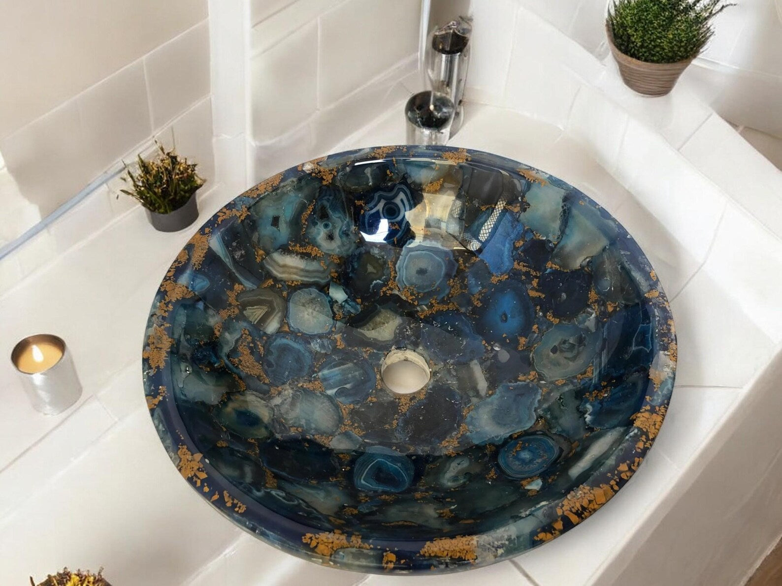 Luxury Blue Agate Resin Wash Basin with Gold Accents