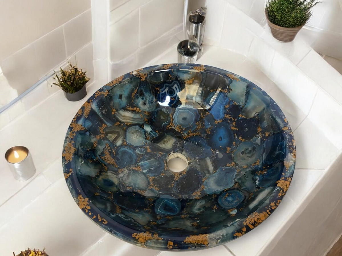 Natural round Blue Agate Mosaic Sink with Gold Details For bathroom Furniture