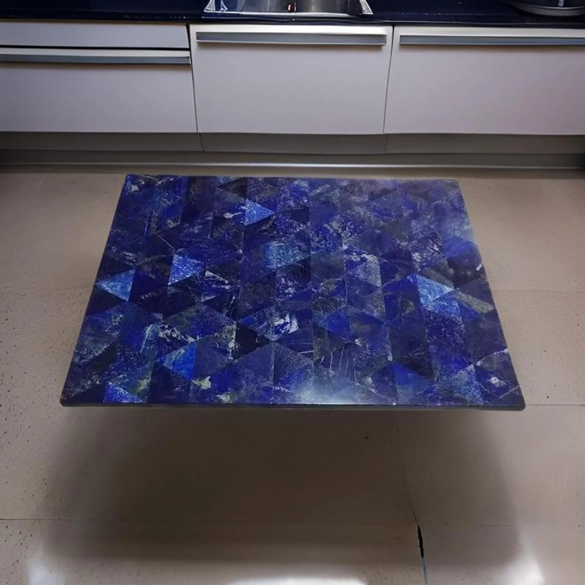 Geometric Lapis Lazuli Square Tabletop Handcrafted Semi-Precious Stone Surface