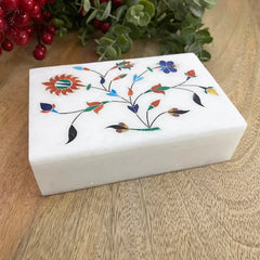 Handcrafted White Marble Box with Intricate Gemstone Floral Inlay