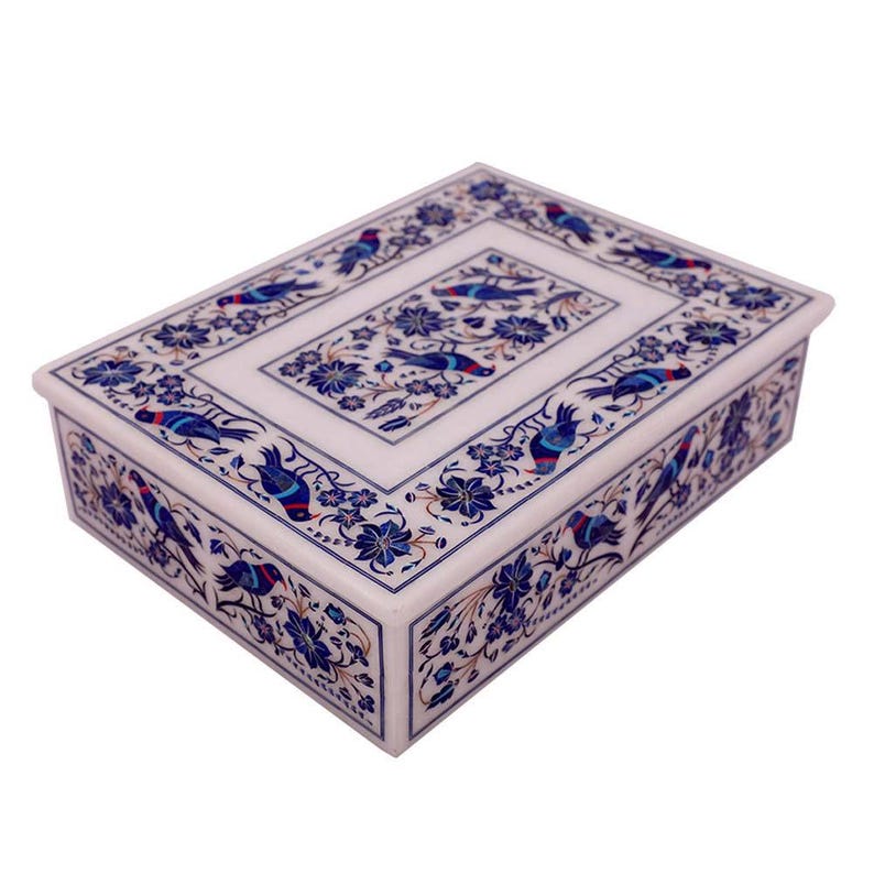 Handcrafted Marble Inlay Decorative Box with Intricate Bird and Floral Pattern in Blue and Red