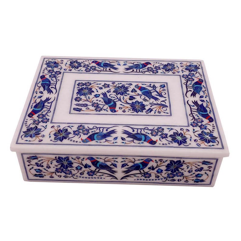 Handcrafted Marble Inlay Decorative Box with Intricate Bird and Floral Pattern in Blue and Red